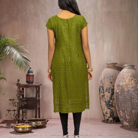 Green Kurta with Elegant Chikankari | Muvvas Boutique - Picture 5 of 5